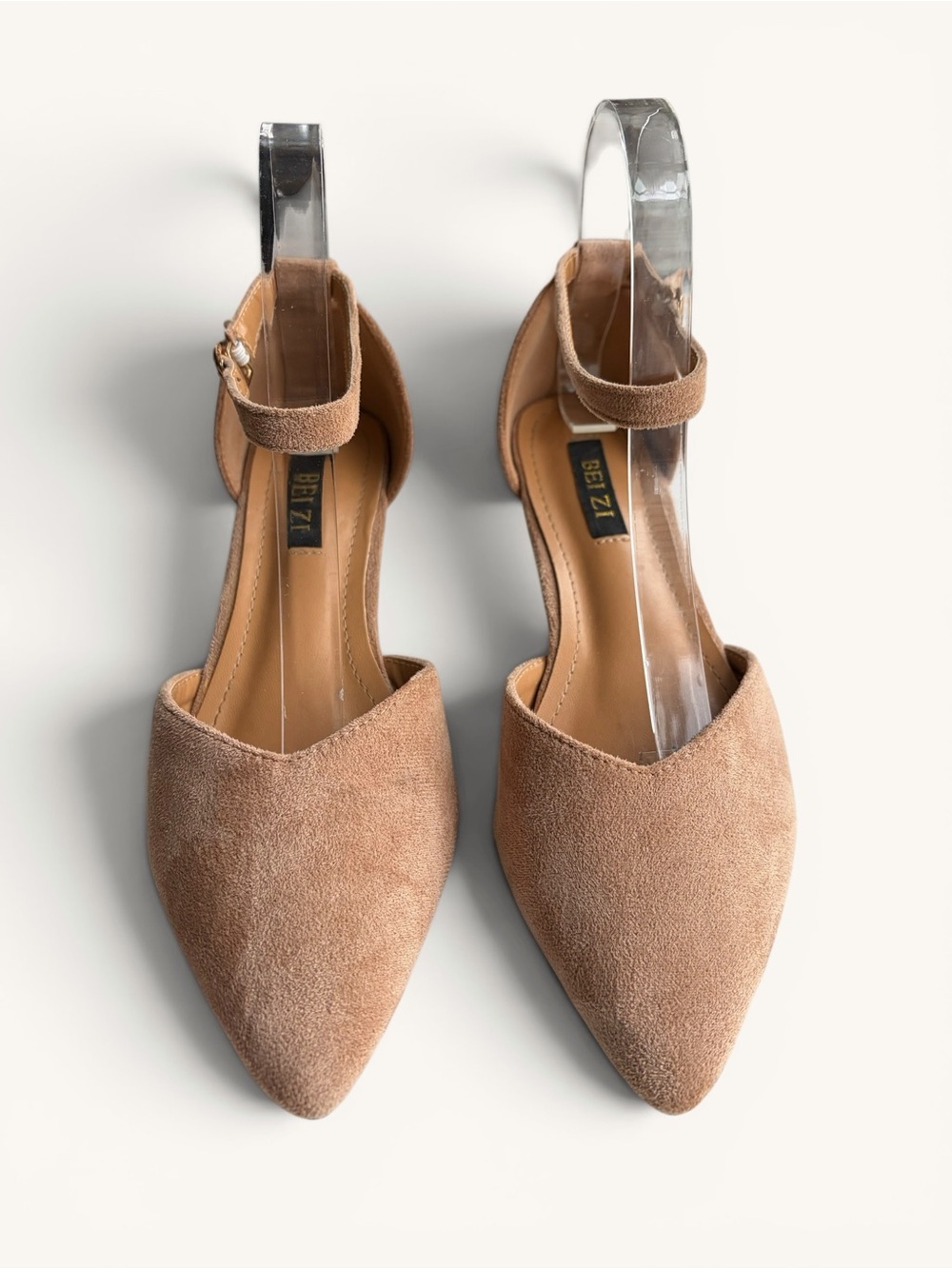 Tan Pointed-Toe Ankle-Strap Flats ballet flat by Bei Zi